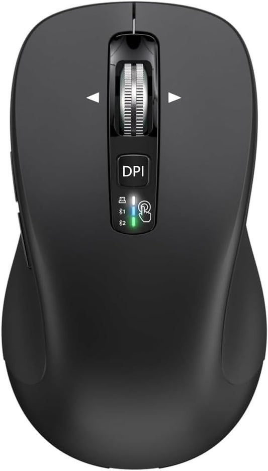 Wireless Bluetooth Mouse (USB + BT1 + BT2), Full Size, 4-Way Scrolling, Multi-Device Silent Mouse for Computer, Laptop, iPad, MacBook (Black)