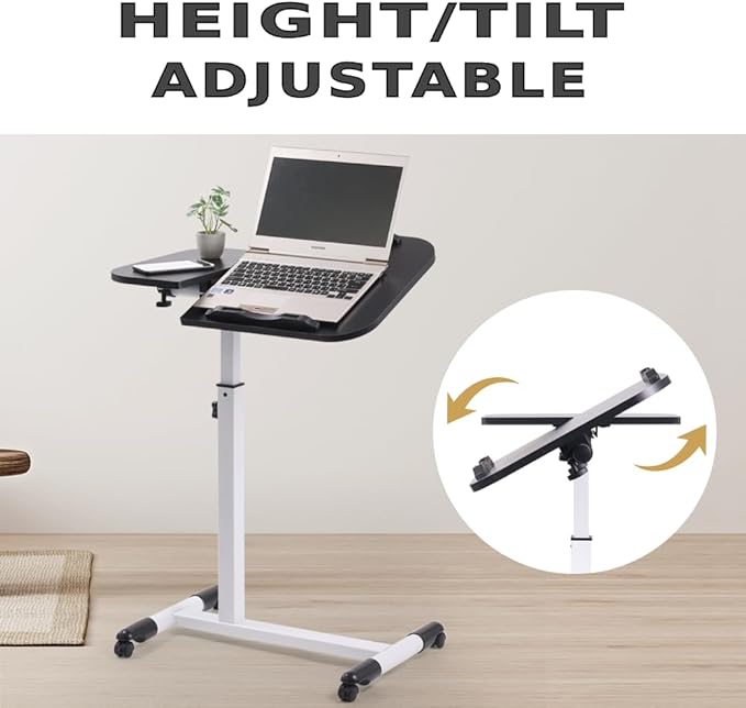 Japard Portable Computer Desk with Wheels, Mobile Laptop Stand, Rolling TV Tray Table, Computer Desk, 360° Rotatable Overbed, Home Office, Black White