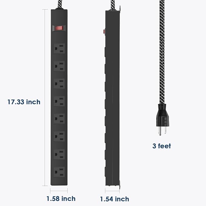 8 Outlet Power Strip - Metal Power Strip with Switch,Wide Spaced Moutable Surge Protector 1200J,3ft 14Awg Braided Cord,Home Office Industrial Garage Commercial