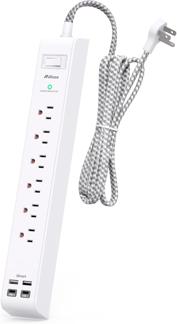 Surge Protector Power Strip 15 ft with 4 USB Ports 2 USB-C 6 AC Outlets, Flat Plug Extension Cord, USB Charging Station, Wall Mountable for Home, Office, Dorm Essentials, 1080J, ETL Listed