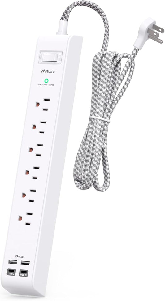 Surge Protector Power Strip 15 ft with 4 USB Ports 2 USB-C 6 AC Outlets, Flat Plug Extension Cord, USB Charging Station, Wall Mountable for Home, Office, Dorm Essentials, 1080J, ETL Listed