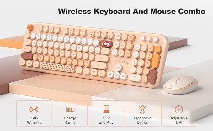 MOFII Wireless Keyboard and Mouse Combo - Pale Coffee Full Sized Plug and Play Colorful Computer Keyboards - 104 Keys Round Keycap USB 2.4G Cute Keyboard for Windows/Laptop/Mac/Desktop/PC