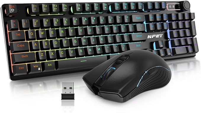 NPET S21PRO Wireless Gaming Keyboard and Mouse Combo, LED Backlit Rechargeable 3500mAh Battery, Mechanical Feel Anti-ghosting Keyboard + 7D 3200 Mice for PC Gamer（USB Receiver is Under The Mouse）