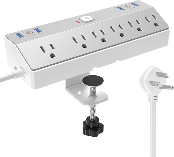 Desk Clamp Power Strip with 40W Fast Charging USB-C, JXGUCAT 10Ft Desk Mount Surge Protector with 6 Outlets 6 USB Ports, Flat Plug Extension Cord Home Office Essentials, Fit 2.48" Tabletop Edge