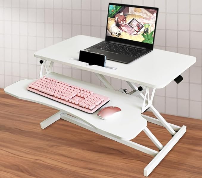 32 Inch Desk Converter, Height Adjustable Sit to Stand Riser, Dual Monitor and Laptop Workstation with Wide Keyboard Tray (Black) Xmas,Gift for Mother's Day (White)