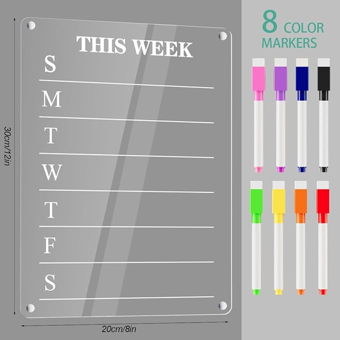 Acrylic Magnetic Calendar for Fridge Dry Erase Board Calendars Weekly Planner Whiteboard for Refrigerator Magnetic WhiteBoard with 8 Colors Markers 12'' x 8''