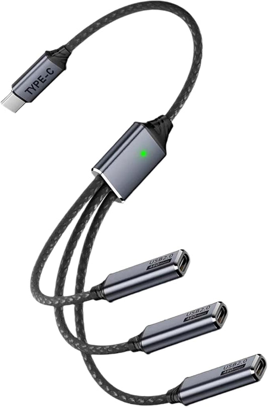 Danfetsoy USB C Splitter 1 in 3 Out, Multi USB C Splitter Cable, Type C Male to 3 Female Nylon Braided Cable Support 480Mbps Transfer Data and Charging for Android Tablets, MacBook, Keyboards, 25cm