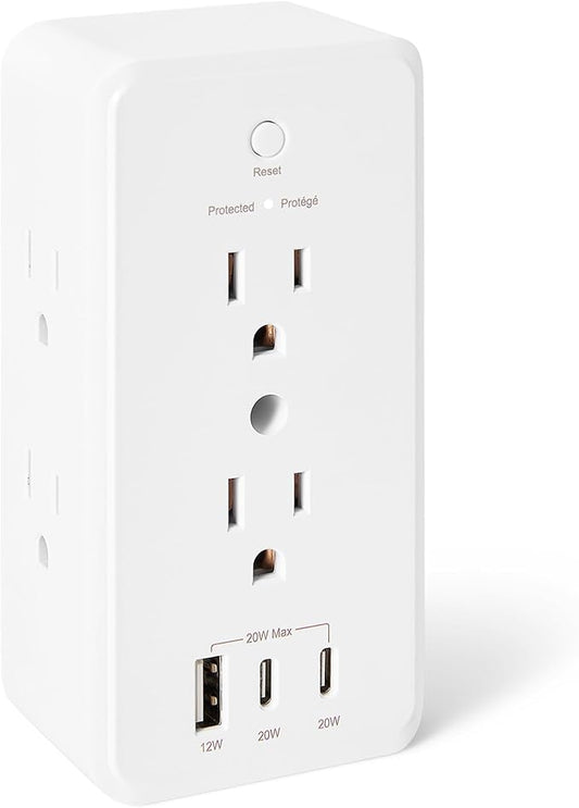 Amazon Basics Wall Mount Surge Protector Power Strip with 9-in-1 Hub, 1080 Joules, 6 AC Outlets, 1 USB-A and 2 USB-C (20W Fast Charging), White