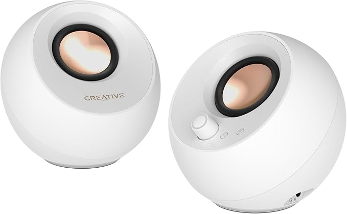 Creative Pebble Pro Minimalist 2.0 USB-C Computer Speakers with Bluetooth 5.3 and Customizable RGB Lighting, Clear Dialog and BassFlex Tech, USB Audio, Headset Port, for PC and Mac (White)