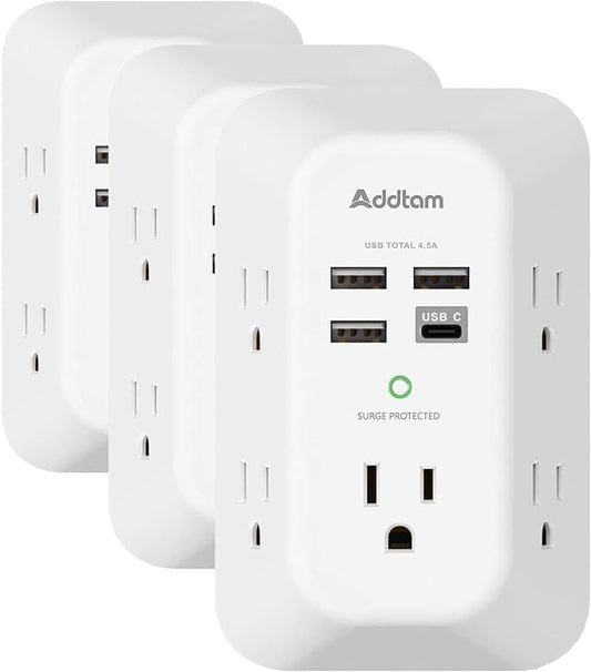 Addtam USB Wall Charger Surge Protector 5 Outlet Extender with 4 USB Charging Ports (1 USB C Outlet) 3 Sided 1800J Power Strip Multi Plug Outlets Wall Adapter Spaced for Home Travel Office ETL Listed
