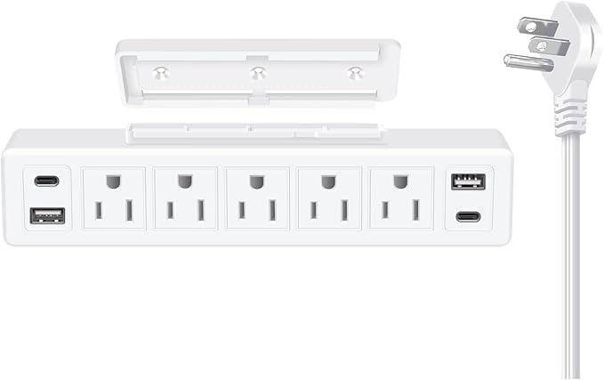 40W Under Desk Power Strip Mountable,20W USB-C Fast Charging Flat Plug Power Strip Surge Protector 1200J,9 in 1 Desk Outlet,5 Outlets,2 USB-C,2 USB-A,6FT Extension Cord White