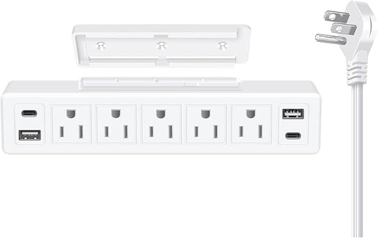 40W Under Desk Power Strip Mountable,20W USB-C Fast Charging Flat Plug Power Strip Surge Protector 1200J,9 in 1 Desk Outlet,5 Outlets,2 USB-C,2 USB-A,6FT Extension Cord White