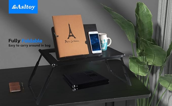 Laptop Desk for Bed - Foldable Lap Tray With Internal USB Fans, Height & Angle Adjustable Tablet Stand, Notebook Breakfast Table