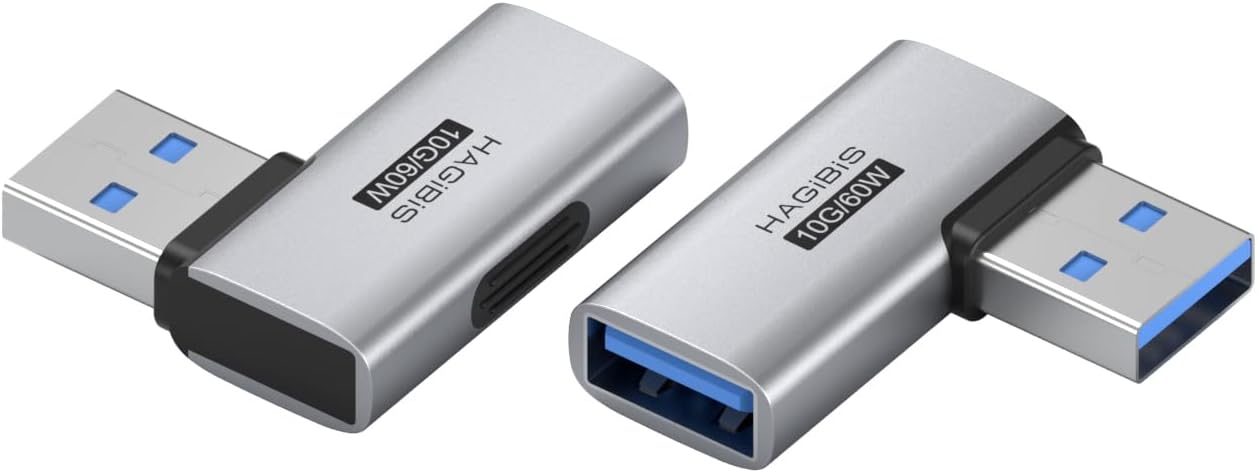 Hagibis USB 3.2 Adapter 2 Pack, 90 Degree Right and Left Angle USB A Male to Female Connector OTG Adapter Cable Extender for Laptops Charger PC Car Mouse Keyboard (Side Back)