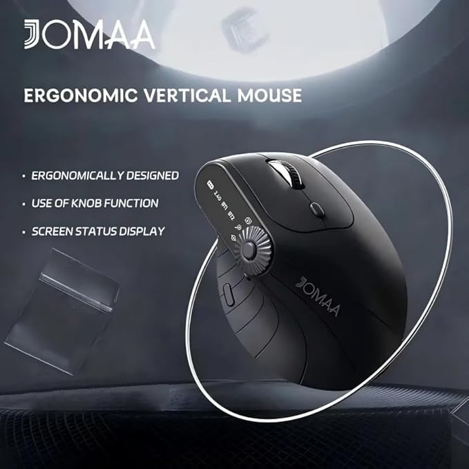 JOMAA Wireless 2.4G & Dual Bluetooth Three-Channel Ergonomic Vertical Mouse Adjustable DPI, Multi-Function Turntable for PC, Laptop, MacBook, Rechargeable (Black)