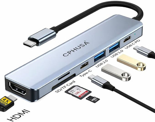 USB-C Hub 7-in-1 Multiport Adapter – 4K@30Hz HDMI, USB 3.0, USB 2.0, 100W PD Charging, SD/TF Card Reader – USB-C Docking Station for MacBook Pro/Air, Chromebook, Dell, HP & Type-C Devices