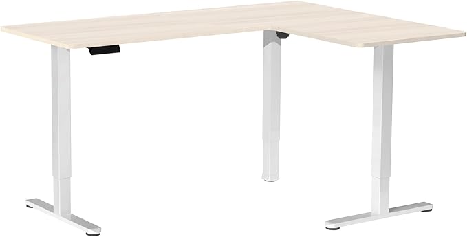 VIVO Corner Standing Desk, 63 x 47 inch Reversible L-Shaped Workstation, Electric Height Adjustment, Home, Office, and Reception Rooms, Light Wood Table Top White Frame, DESK-E3CTWC-47