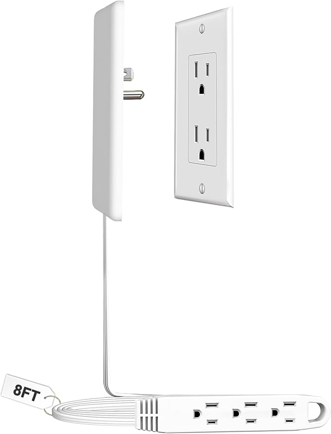 8FT Ultra Flat Plug Extension Cord Power Strip with 3 Outlets, Patented Detachable Ultra-Thin Outlet Cover Concealer & Ultra-Flat Plug, Max. 13A 125V 1625W ETL Listed, White Color