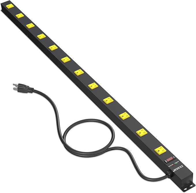 12 Outlet Long Power Strip with 6FT Power Cord, Industrial Heavy Duty for Work Bench Shop Garage, 2100 Joules Surge Protector, Wide Spaced Outlet Power Bar, ETL Certified, Black