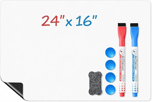 Magnetic Whiteboard for Fridge, 24" x 16" Dry Erase Board Set with Markers & Eraser, Strong Magnet & Stain-Resistant Surface, Fridge Calendar for Notes, Grocery List, Meal Planning & Family Schedule