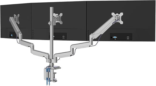 Mount-It! Triple Monitor Mount with Gas Spring Arms, Fits 24–32 Inch Screens, USB & Audio Ports, Full Motion Desk Stand with Tilt, Swivel & Rotation, Heavy Duty Silver 3 Screen Arm with Clamp