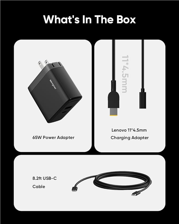 65W Lenovo Charger, Lenovo Laptop Charger for ThinkPad T/E/G Series, Compatible with 11x4.5mm Square Tip & All USB-C Devices