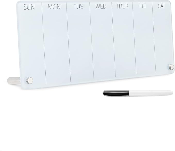 Navaris Weekly Whiteboard Planner - Small Dry Erase Glass Whiteboard to Do Calendar for Office Desk - Dry Erase Schedule Board - 16 x 6 Inches