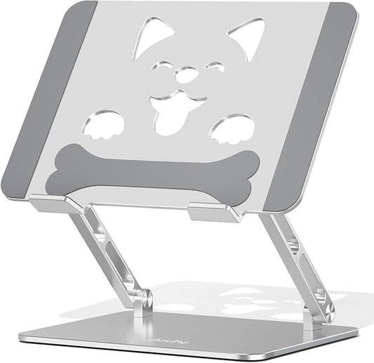 Laptop Stand for Desk-Adjustable, Foldable, Portable, Ergonomic Aluminum Notebook Riser with Unique Puppy Cooling Vent, Desk Gift for 10"-17.3" Devices Mac, Dell, HP, Lenovo, Samsung, Silver