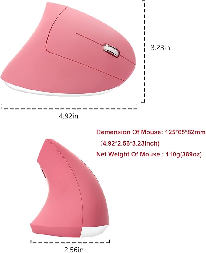 Vertical Mouse, 2.4G Wireless Ergonomic Optical Mouse 800/1200 /1600 DPI 6 Buttons Right Handed Gaming Mice for Laptop, Desktop, PC, MacBook (Pink)