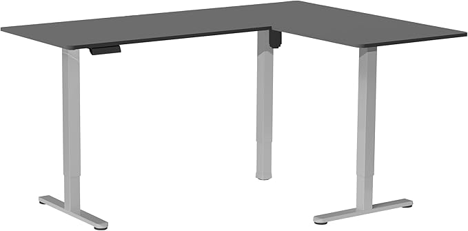VIVO Corner Standing Desk, 63 x 55 inch Reversible L-Shaped Workstation, Electric Height Adjustment, Home, Office, and Reception Rooms, Black Table Top Gray Frame, DESK-E3CTGB