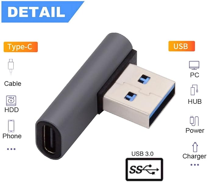 CY USB-C Type C Female Low Profile 90 Degree Left Angled to USB 3.0 A Male Data Adapter for Laptop Desktop