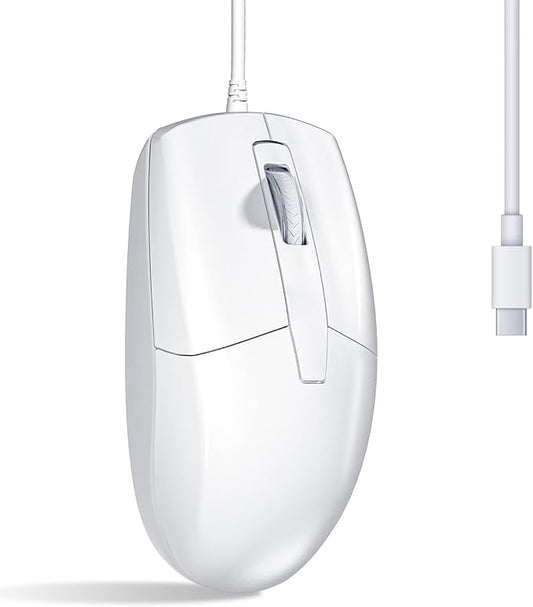 USB C Wired Mouse, Type C Optical Mouse, Portable Silent Comfortable, for Laptop, Mac, MacBook, Android, PC, White