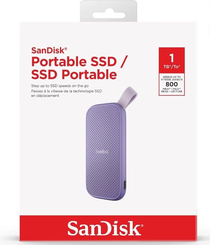 Sandisk 1TB Portable SSD - Lavender, Up to 800MB/s, USB-C, USB 3.2 Gen 2, External Solid State Drive - SDSSDE29-1T00-AWL