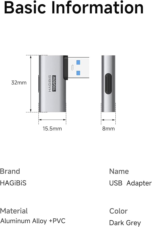 Hagibis USB 3.2 Adapter 2 Pack, 90 Degree Right and Left Angle USB A Male to Female Connector OTG Adapter Cable Extender for Laptops Charger PC Car Mouse Keyboard (Side Front)