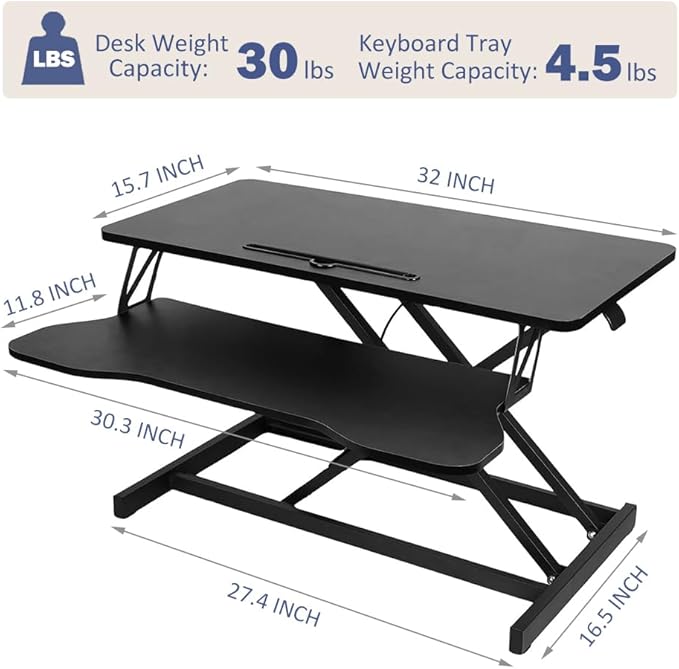 32In Standing Desk Converter, Height Adjustable Sit Stand Riser with Dual Monitor & Wide Keyboard Tray, Ergonomic Workstation for Home Office, Black Office Converter Table Top Black Modern Home Desk