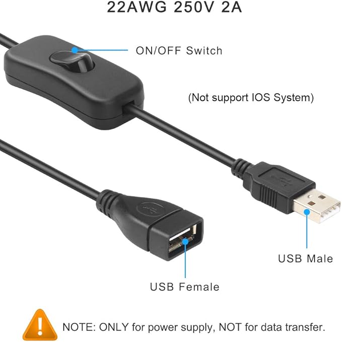 ELECTOP 2 Pack Male to Female USB Cable with On/Off Switch, USB Extension Inline Rocker Switch for Driving Recorder, LED Desk Lamp, USB Fan, LED Strips
