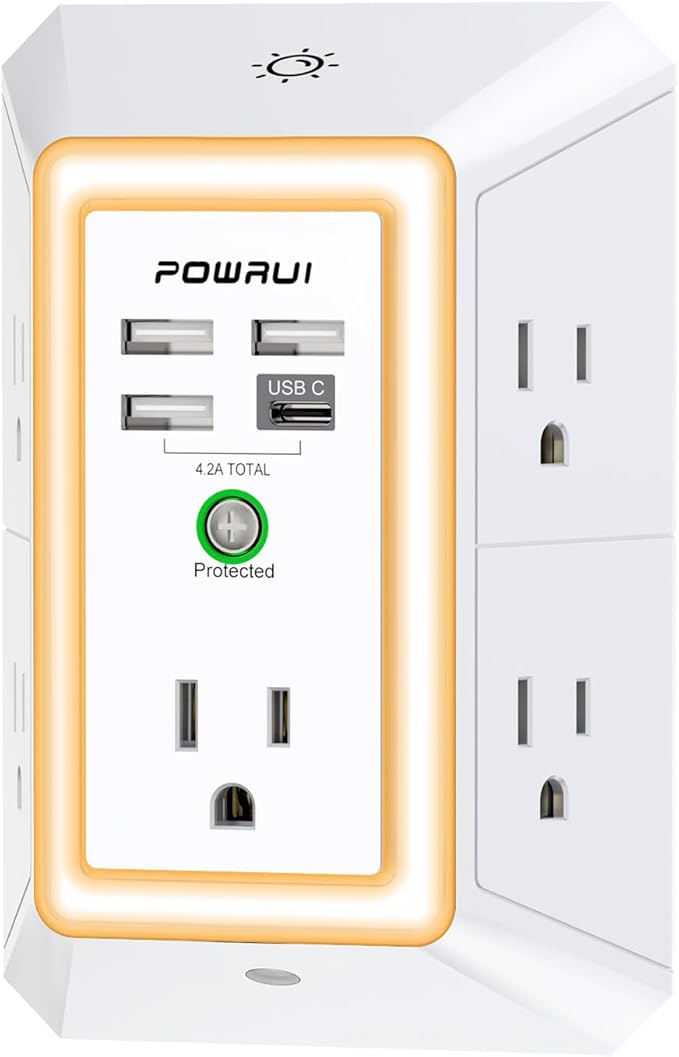 3-Sided Outlet Extender with Night Light - POWRUI Multi Plug Outlet with 5 Outlets and 4 USB Ports(1 USB-C), USB Wall Charger for Home, Office, Travel, ETL Listed, White