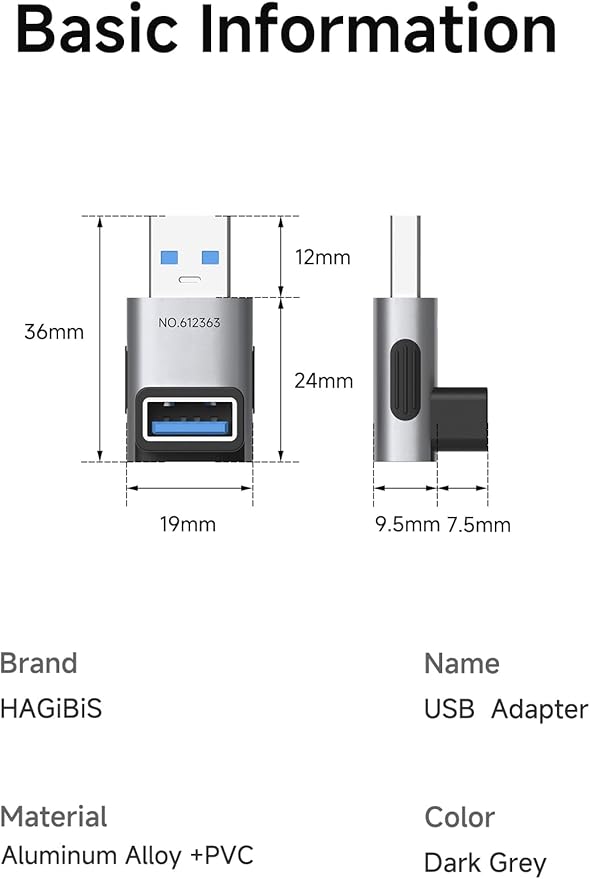 Hagibis USB 3.2 Adapter 2 Pack, 90 Degree Right and Left Angle USB A Male to Female Connector OTG Adapter Cable Extender for Laptops Charger PC Car Mouse Keyboard (Middle Back)