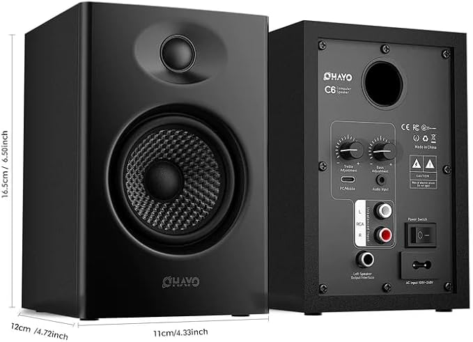 OHAYO 60W Computer Speakers for Music and Gaming, Active Bluetooth 5.3, Stereo 2.0 Speakers for Desktop PC or Laptop, 3.5mm Aux RCA USB Input, 1 Pair, Black
