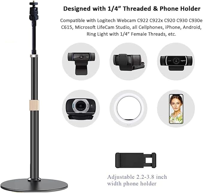 Webcam Stand Phone Holder [Extension-Type] Desktop Stand Flexible Gooseneck Video Stand Camera Mount for Cellphones, Logitech Webcam C922 C930e C920S C920 C615, Etc. (1/4" Threads)