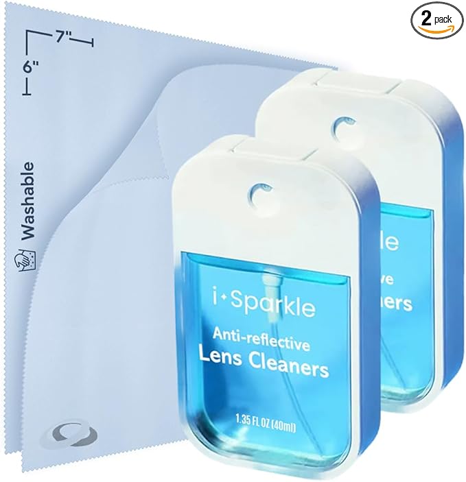 I-Sparkle Anti-Reflective Lens Cleaner Spray kit | (2x) 1.35oz Glasses Cleaner Spray + (2x) Microfiber Cloth for Eyeglasses, Sunglasses, Lenses, Screens and Camera Cleaning Kit (4 Piece Set)