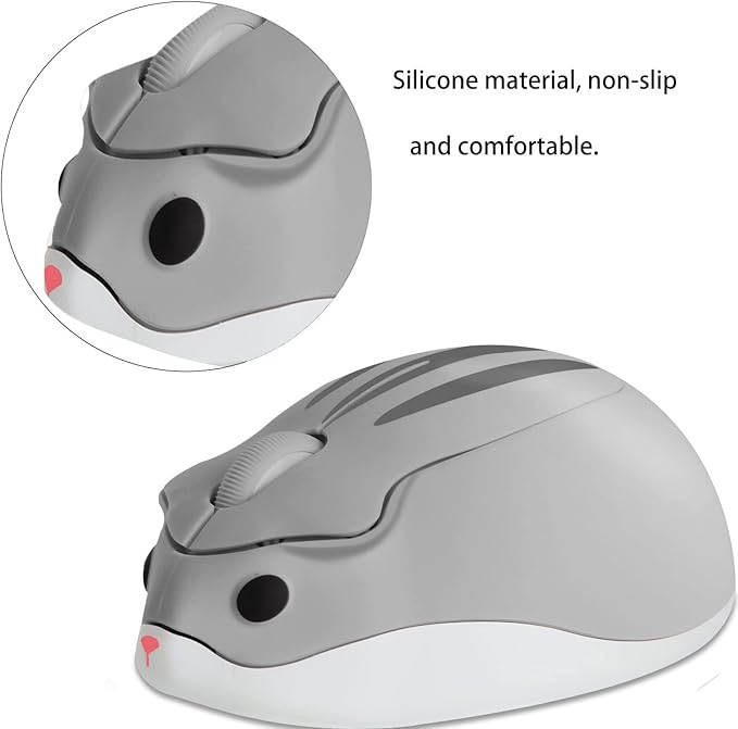 elec Space Cute Animal Hamster Shape Wireless Mouse - Silent, 3-Button Design for Laptop & PC; Includes Random Color Cable Clip - Perfect Computer Mouse-Grey