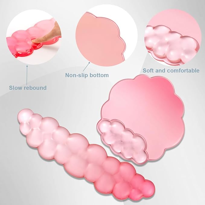 Keyboard Wrist Rest with Gel Cloud Mouse Pad - Ergonomic Pink Mouse Pad with Non-Slip Base, Cute Desk Accessories for Office/Home/Desktop/Latop