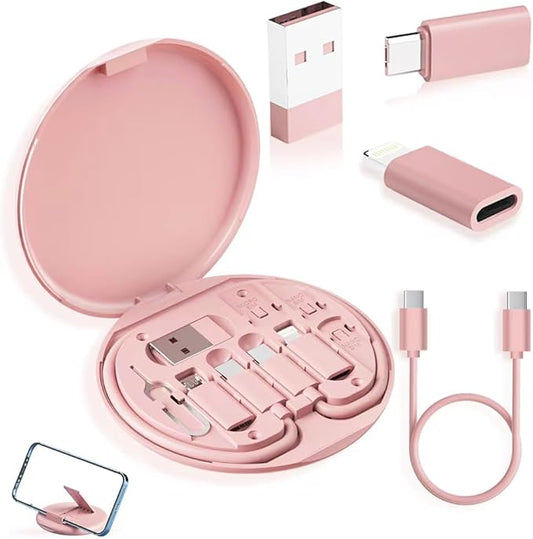 USB-C Travel Adapter Kit with Storage Box and SIM Card Holder, Lightning to C and Micro-USB to C Female, Short Cable, Fast Charge for iPhone and Android