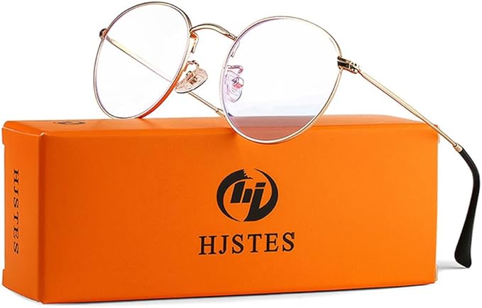 HJSTES Round Blue Light Glasses for Women Men Retro Circle Clear Lens Metal Frame Eyeglasses