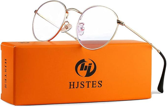 HJSTES Round Blue Light Glasses for Women Men Retro Circle Clear Lens Metal Frame Eyeglasses