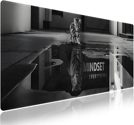 XXL Gaming Mouse Pad with Stitched Edges for Home & Office - Mindset is Everything Inspirational Quote & Cute Cat Funny Tiger Reflection, Smooth Fabric Surface Anti-Slip Base Large Desk Mat
