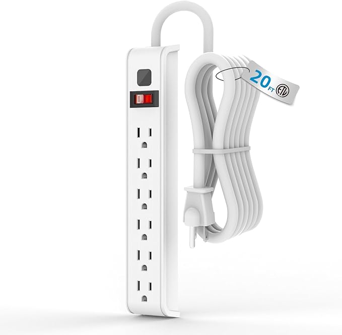 TiFFCOFiO Surge Protector Power Strip, 20 Feet Extension Cord, 600 Joules Surge Protection, Multiple Protection 6 Outlet Strip, 14 AWG Cord, 15A/1875W, ETL Listed