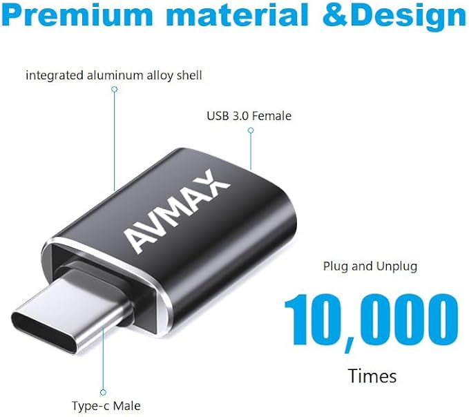 AVMAX USB C to USB A Adapter 4 Pack, USBC Male to USB A 3.0 Female OTG Adapter, Type C Male to Type A Female 3.0 OTG Adapter for Apple iPhone 16 15, Flash Thumb Drive,Mac,iPad,Samsung Galaxy
