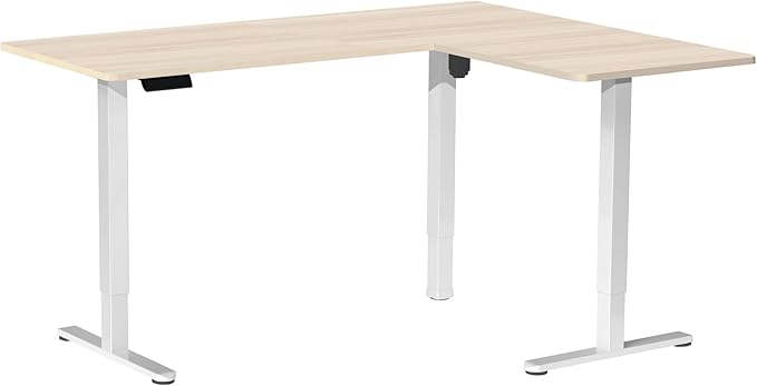 VIVO Corner Standing Desk, 63 x 55 inch Reversible L-Shaped Workstation, Electric Height Adjustment, Home, Office, and Reception Rooms, Light Wood Table Top White Frame, DESK-E3CTC